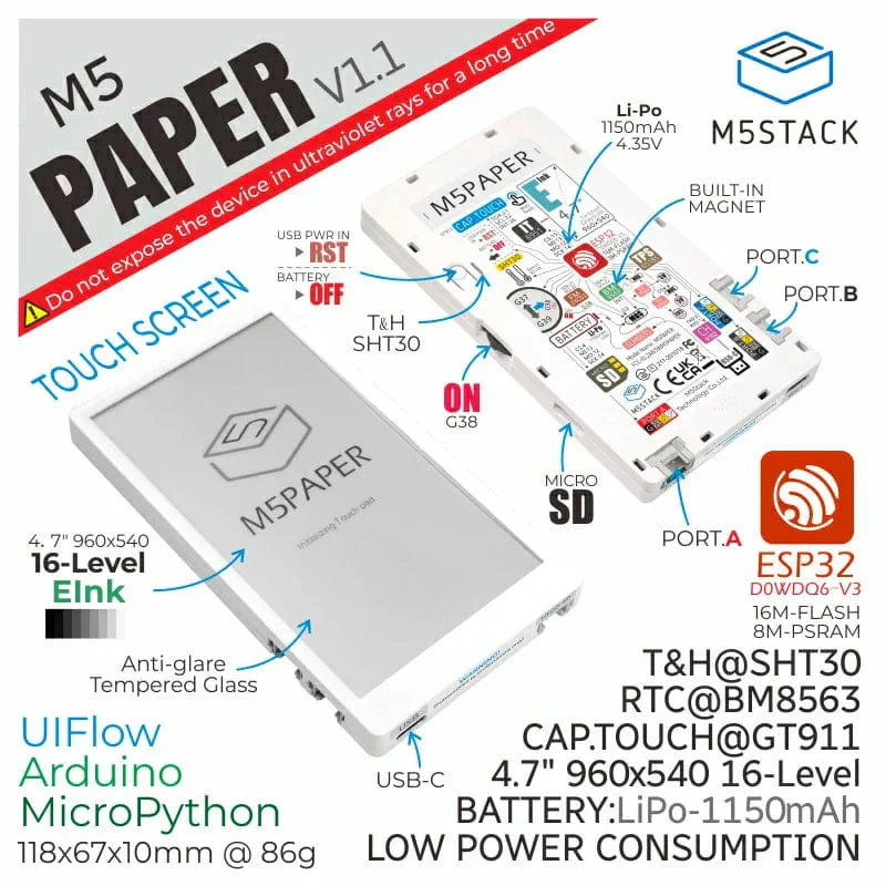 M5Paper ESP32 Development Kit V1.1 with 4.7" eInk Display (540x960) - Image 2