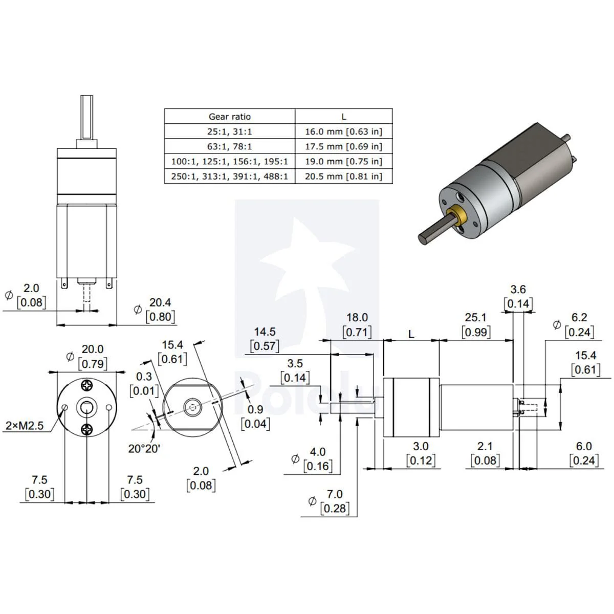 Pololu 6V 250:1 20D Metal Gearmotor (Long-life Carbon Brush) [Discontinued] - Image 3