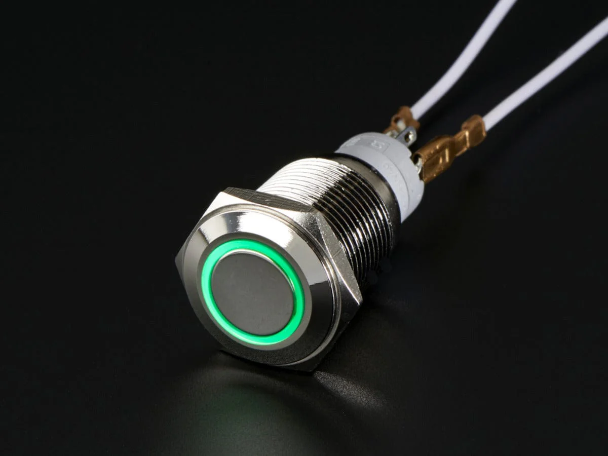 Rugged Metal Pushbutton with Green LED Ring (16mm Green Momentary)